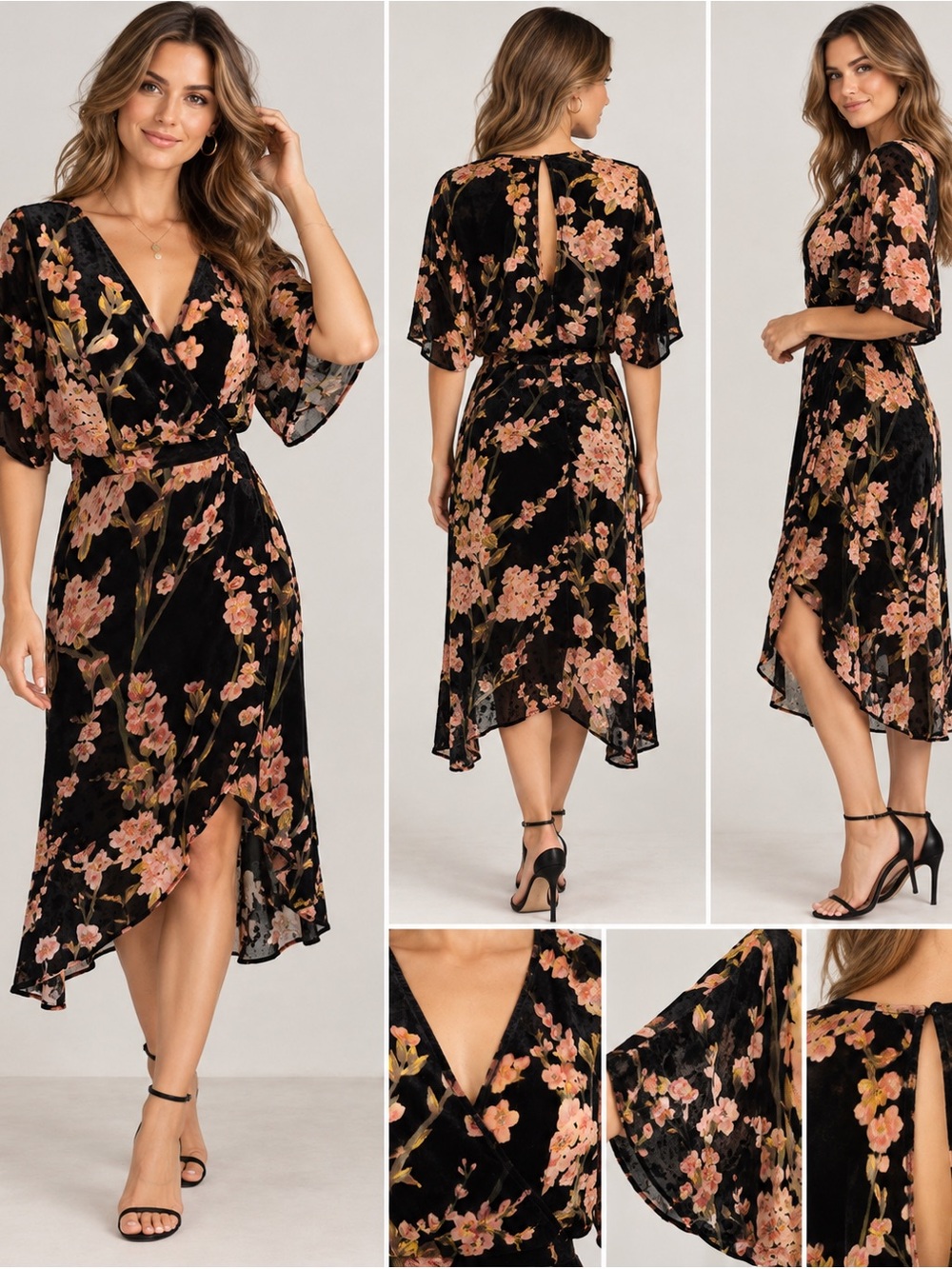 Lucy Paris Black Floral Velvet Wrap Dress Cherry Blossom NWT Small